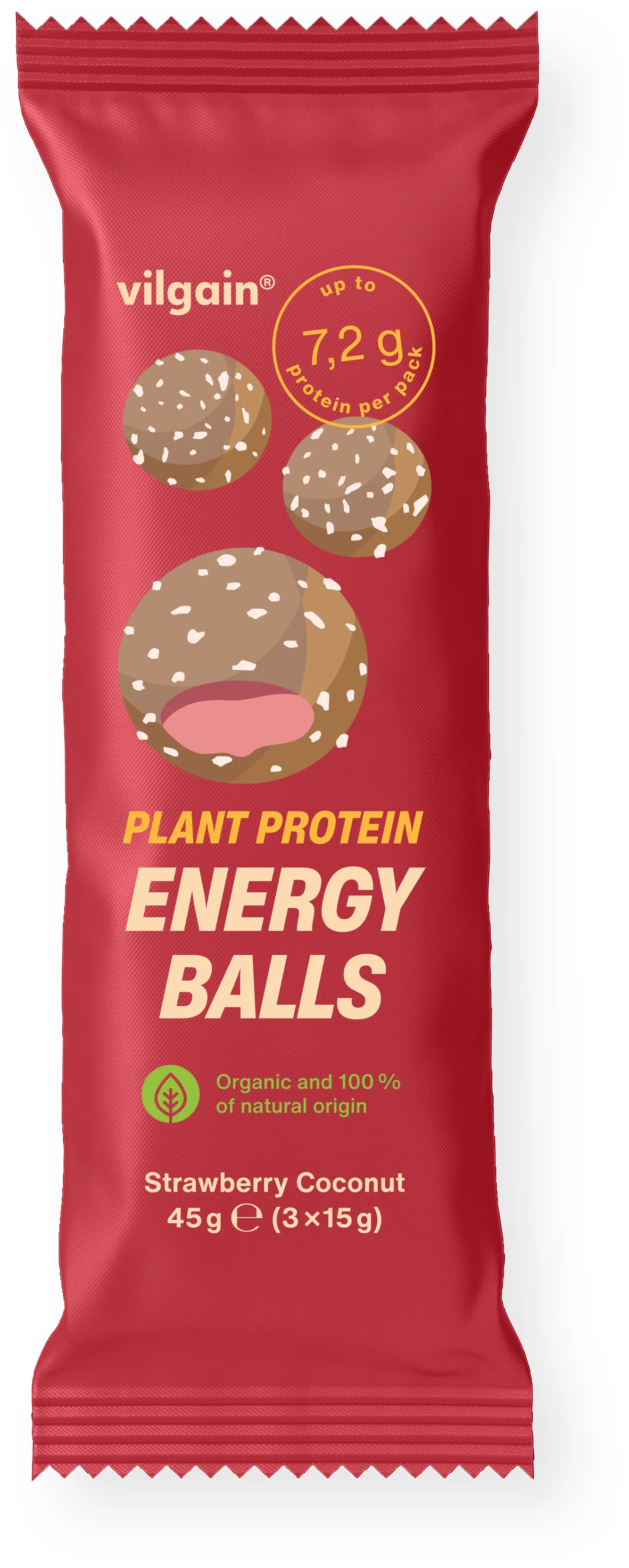 Vilgain Plant Protein Energy Balls BIO Jahoda s kokosom 45g (3x15g)